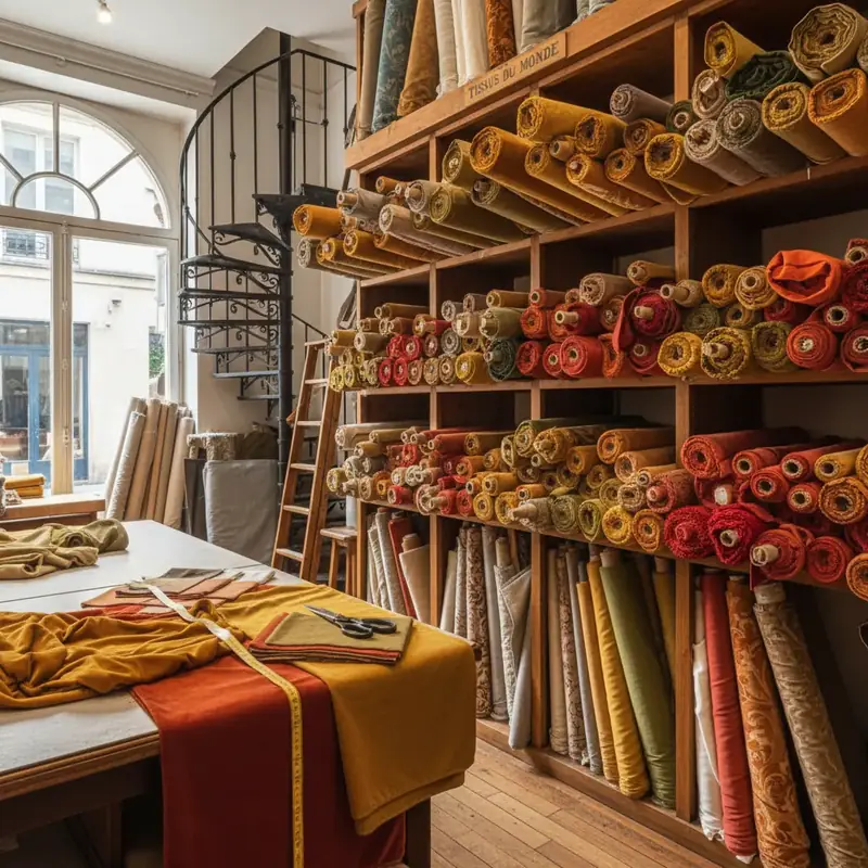 Rouleaux de tissus d'ameublement dans une boutique du Marché Saint-Pierre à Paris