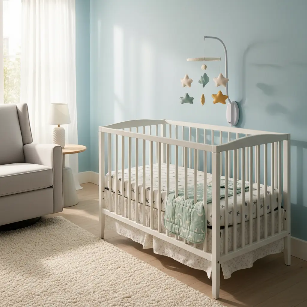 Matelas bébé blanc dans un lit à barreaux en bois naturel avec drap housse en coton
