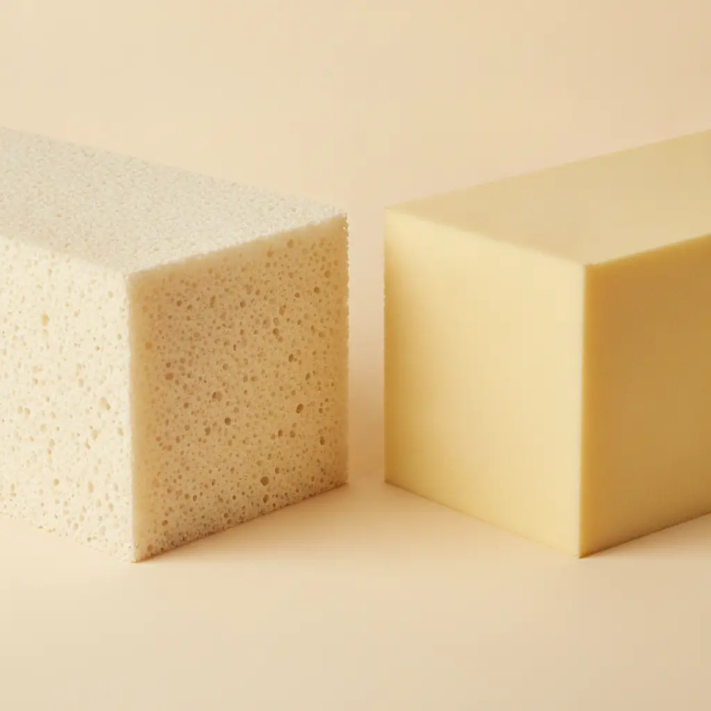 Blocs de latex naturel alvéolé et de mousse polyuréthane côte à côte pour comparaison