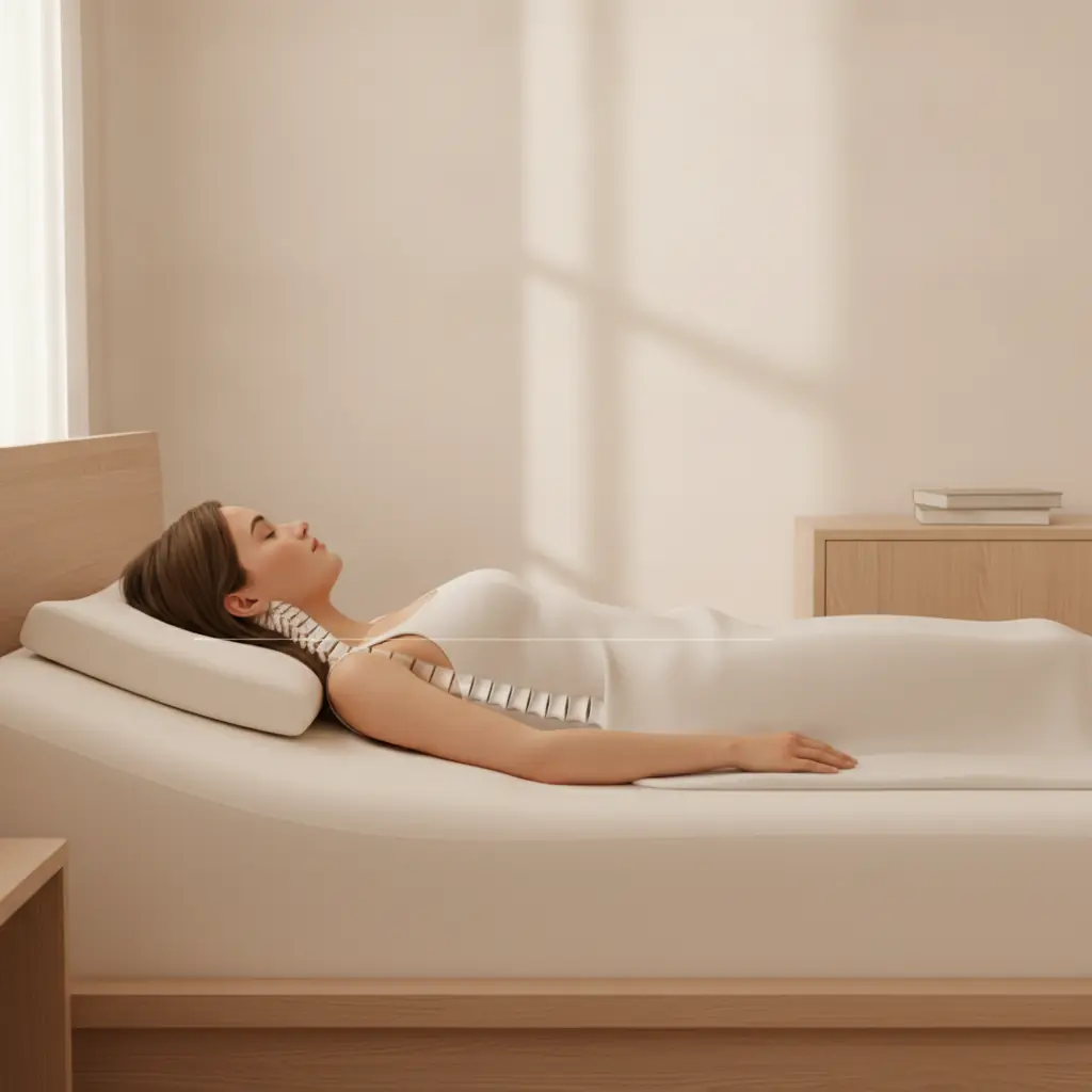 Colonne vertébrale alignée d'une dormeuse allongée sur un matelas ergonomique