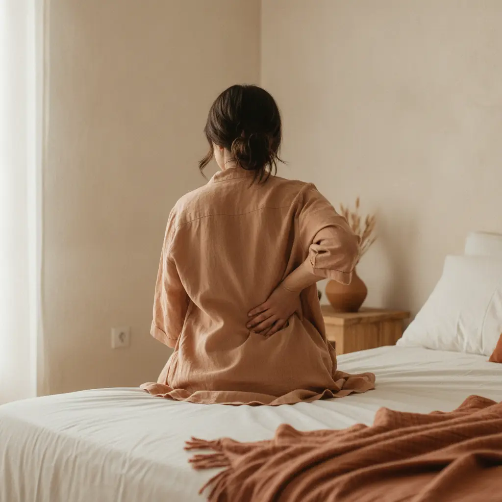Femme assise au bord d'un matelas, une main posée sur ses lombaires douloureuses au réveil