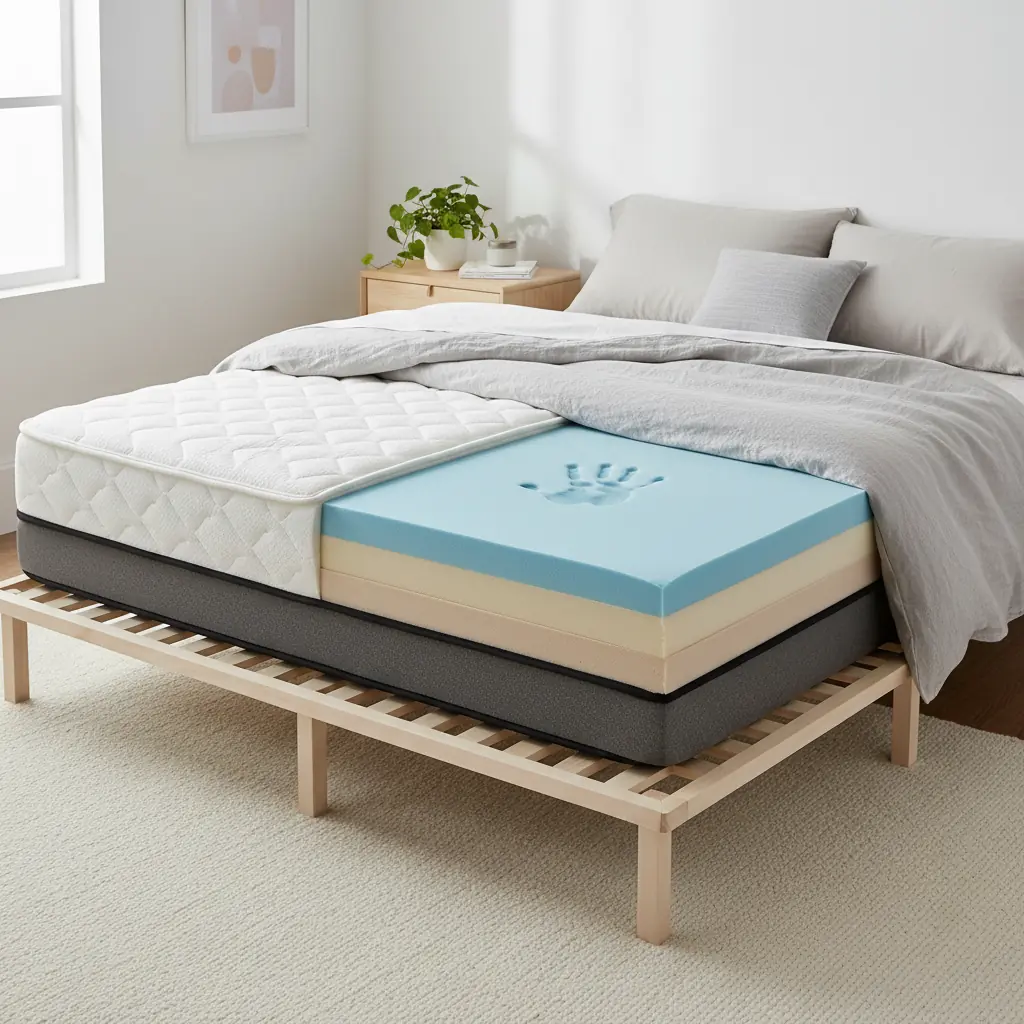 Matelas mémoire de forme avec empreinte de main visible sur la surface dans une chambre moderne