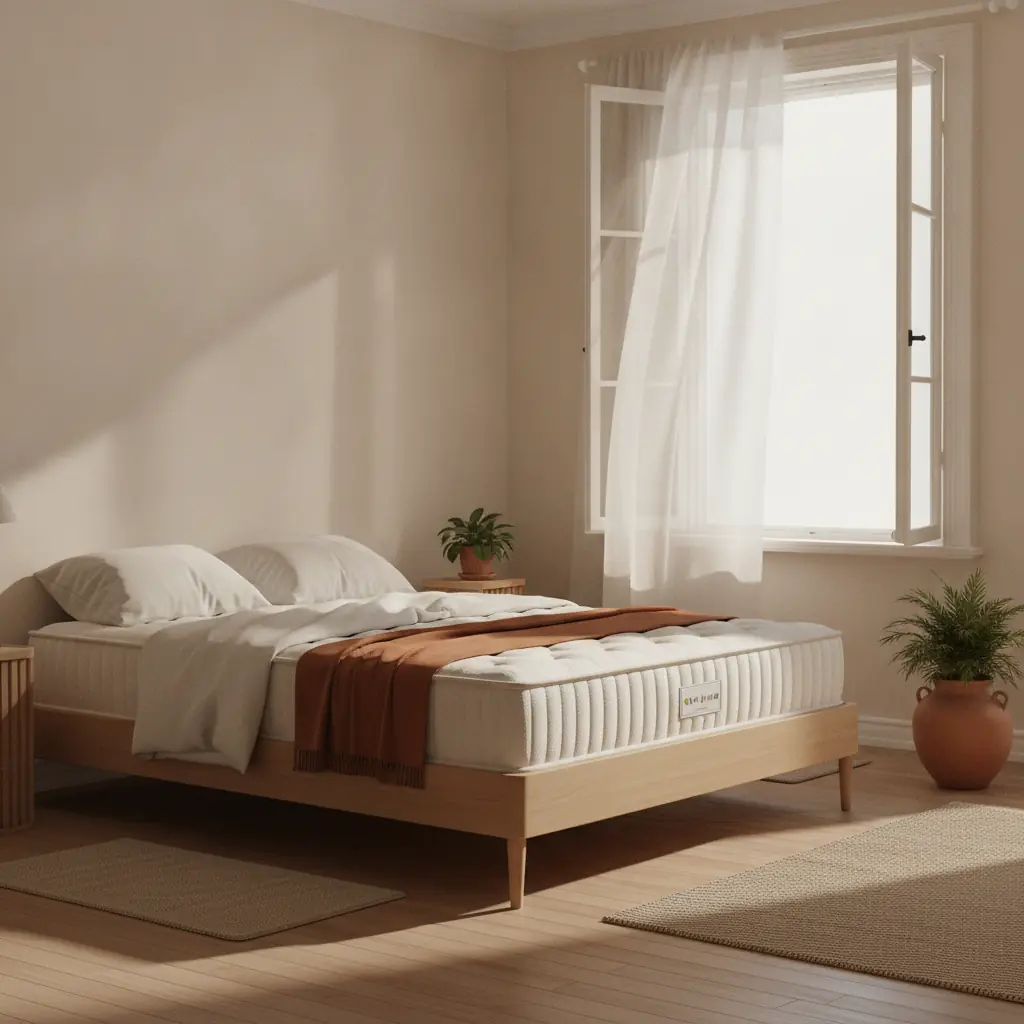 Coupe d'un matelas à ressorts ensachés montrant les ressorts individuels dans leurs sachets de tissu