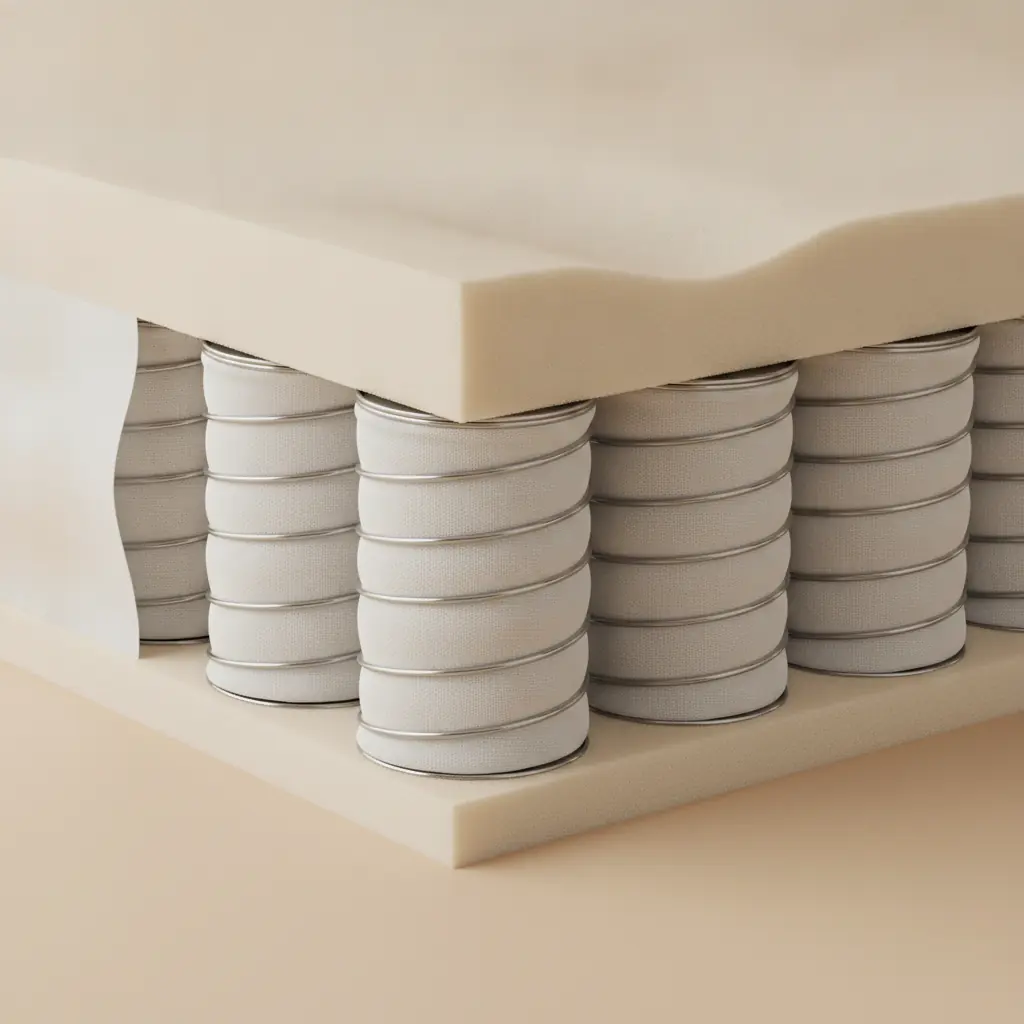 Coupe d'un matelas à ressorts ensachés montrant les ressorts individuels dans leurs sachets de tissu