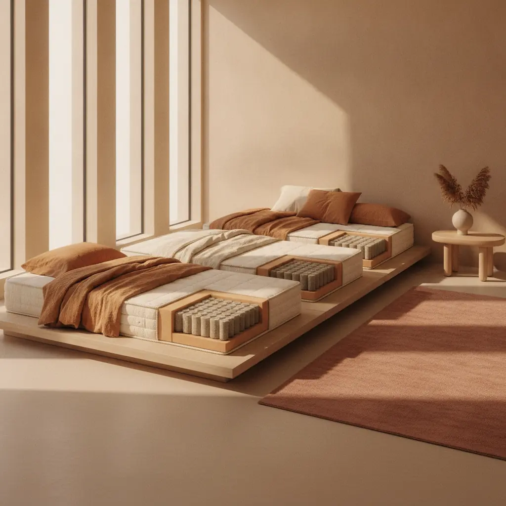 Trois matelas de gammes différentes présentés côte à côte dans une chambre épurée