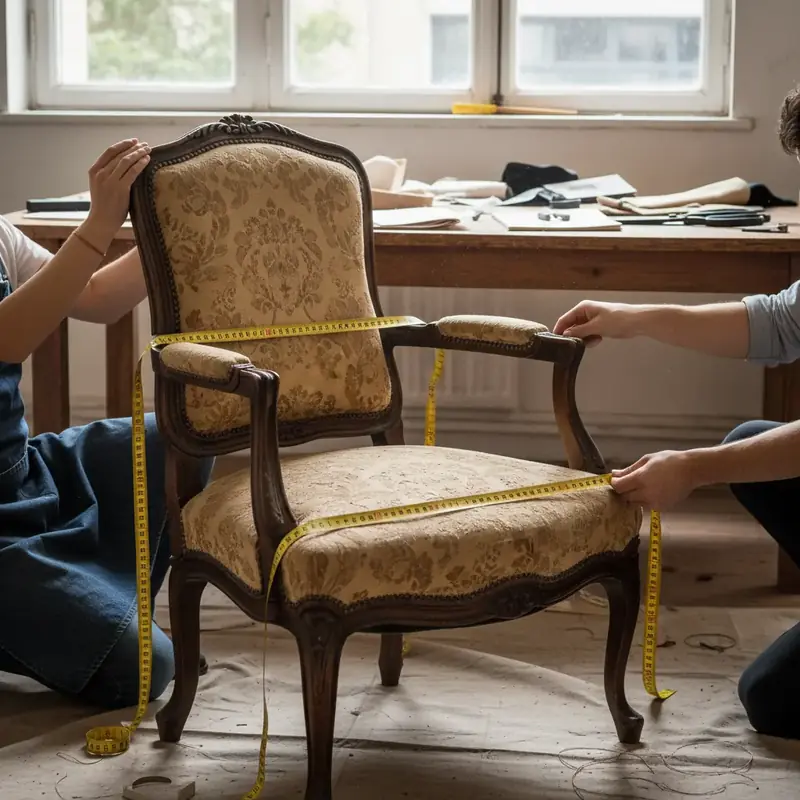 Mètre ruban posé sur un fauteuil Voltaire en cours de mesure pour le métrage de tissu