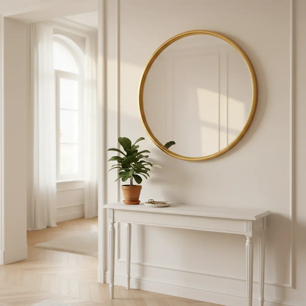 Grand miroir rond à cadre doré posé dans un salon lumineux aux tons naturels