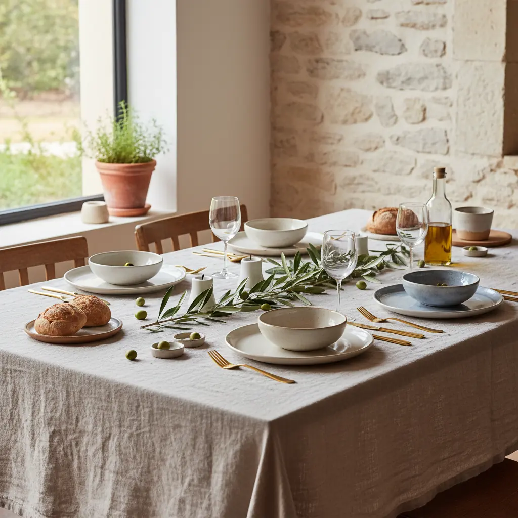 Nappe en lin lavé naturel dressée sur une table en bois avec vaisselle en grès et couverts dorés