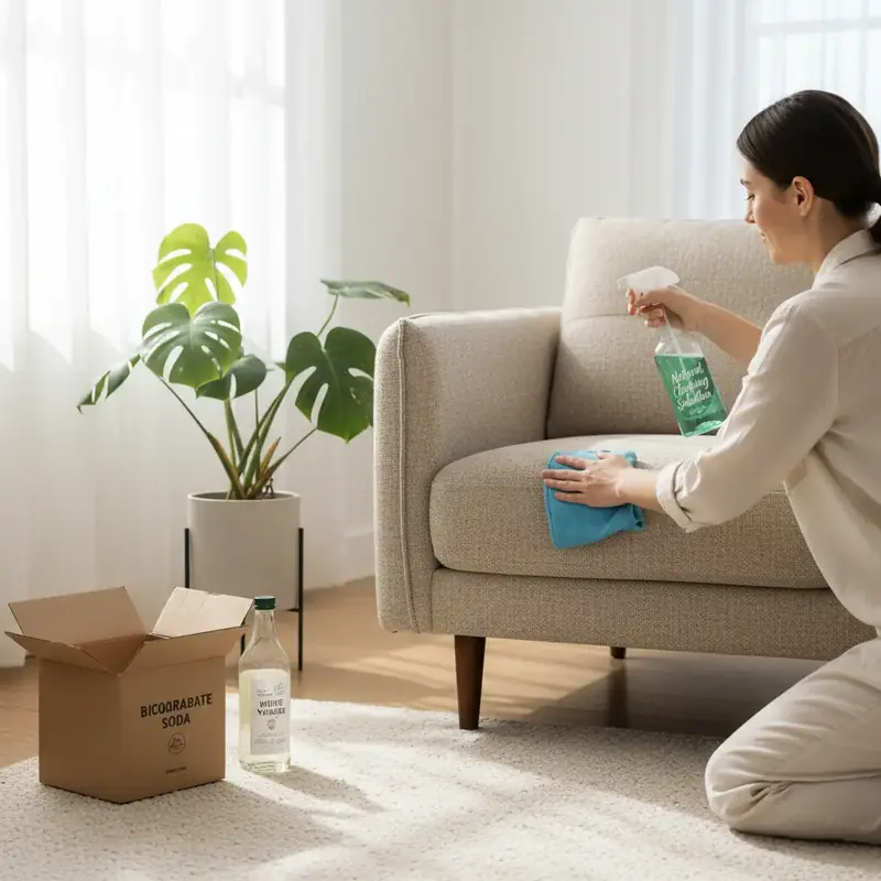 Nettoyage d'un canapé en tissu beige avec un chiffon microfibre et des produits naturels