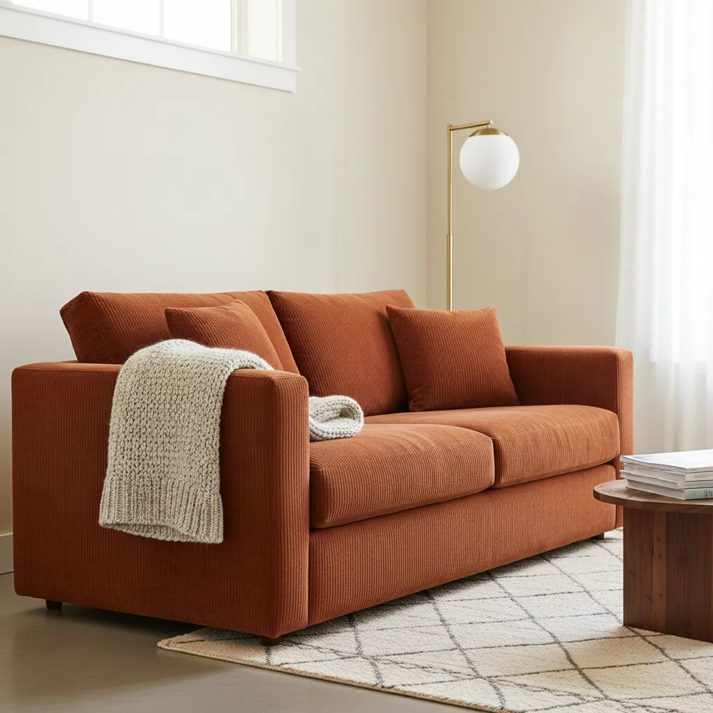 Canapé en velours côtelé couleur ocre dans un salon lumineux avec lampe en laiton et plaid en laine