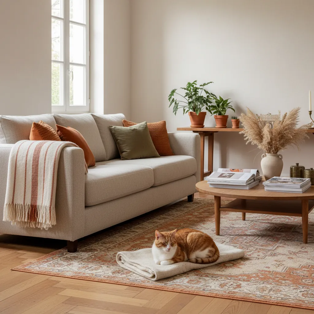 Canapé en tissu beige dans un salon lumineux avec un chat tigré allongé à côté sur un plaid