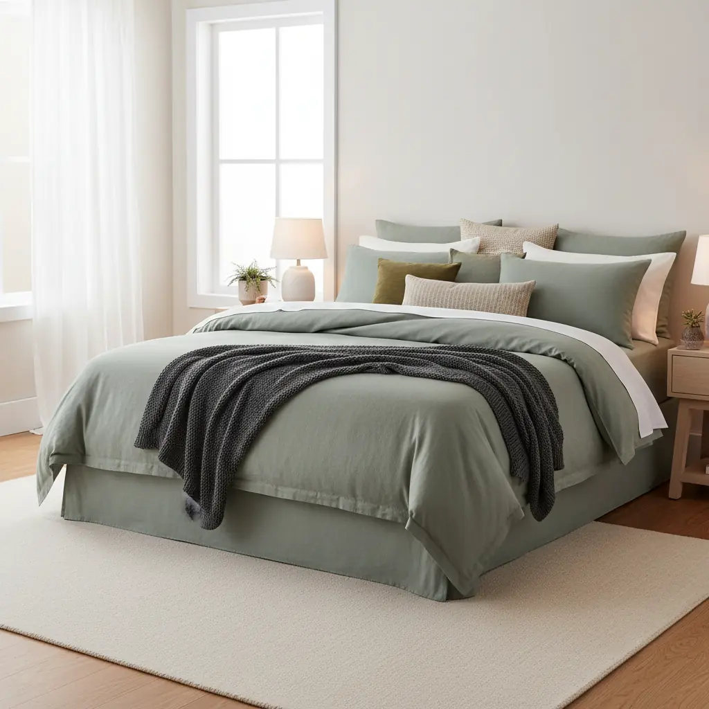 Parure de lit en lin lavé beige et blanc sur un lit en bois naturel dans une chambre lumineuse