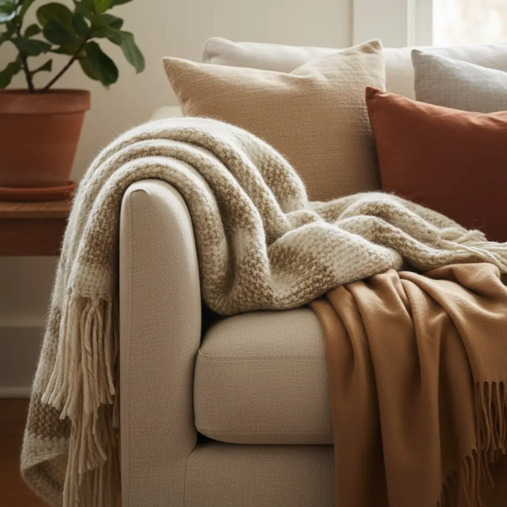 Plaid en laine mérinos drapé sur un canapé dans un salon lumineux aux tons neutres