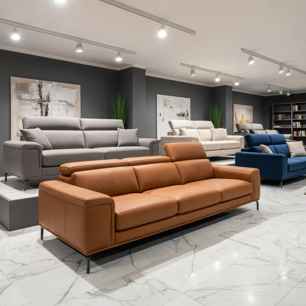 Canapé en cuir marron dans un salon lumineux avec mur en briques et plaid en laine