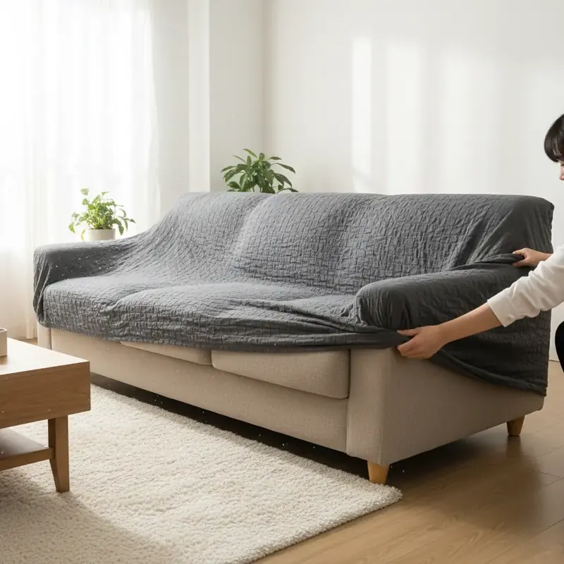 Pose d'une housse extensible sur un canapé trois places, étape par étape