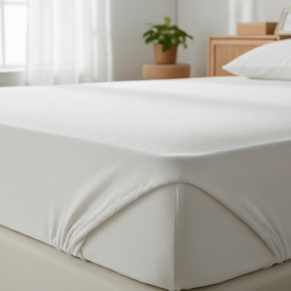 Protège-matelas blanc ajusté sur un matelas dans une chambre épurée avec drap housse replié