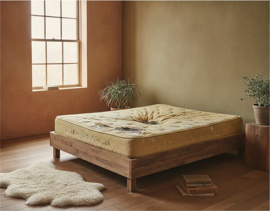 Matelas usé présentant un affaissement visible au centre dans une chambre lumineuse