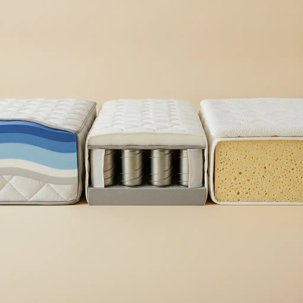 Coupes transversales de trois matelas : mousse à mémoire de forme, ressorts ensachés et latex