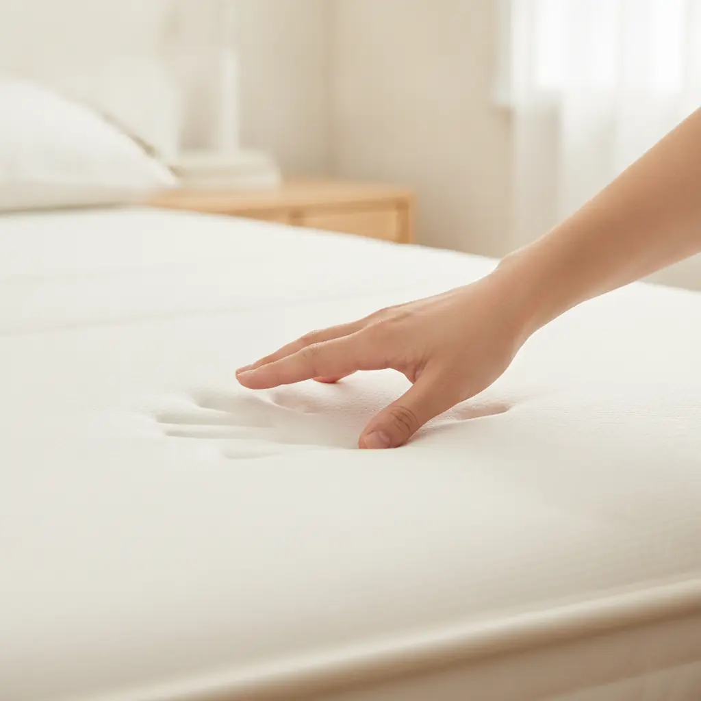 Main testant la fermeté d'un matelas, empreinte visible dans la mousse