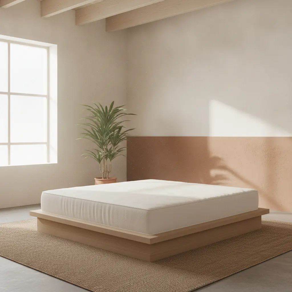 Matelas blanc épais posé sur un sommier en bois clair dans une chambre aux tons crème et terracotta