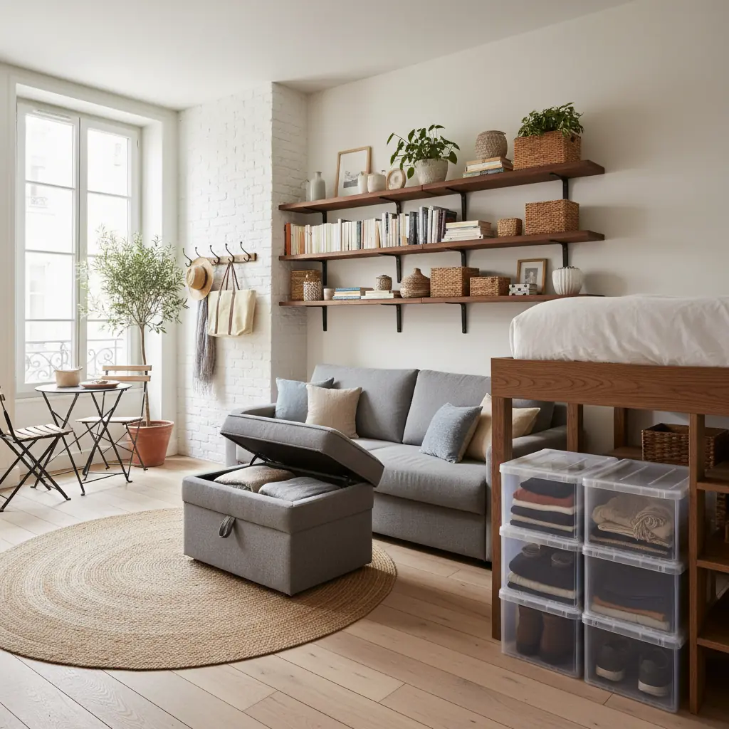Studio bien organisé avec rangements muraux, lit coffre et meubles multifonctions dans un intérieur lumineux