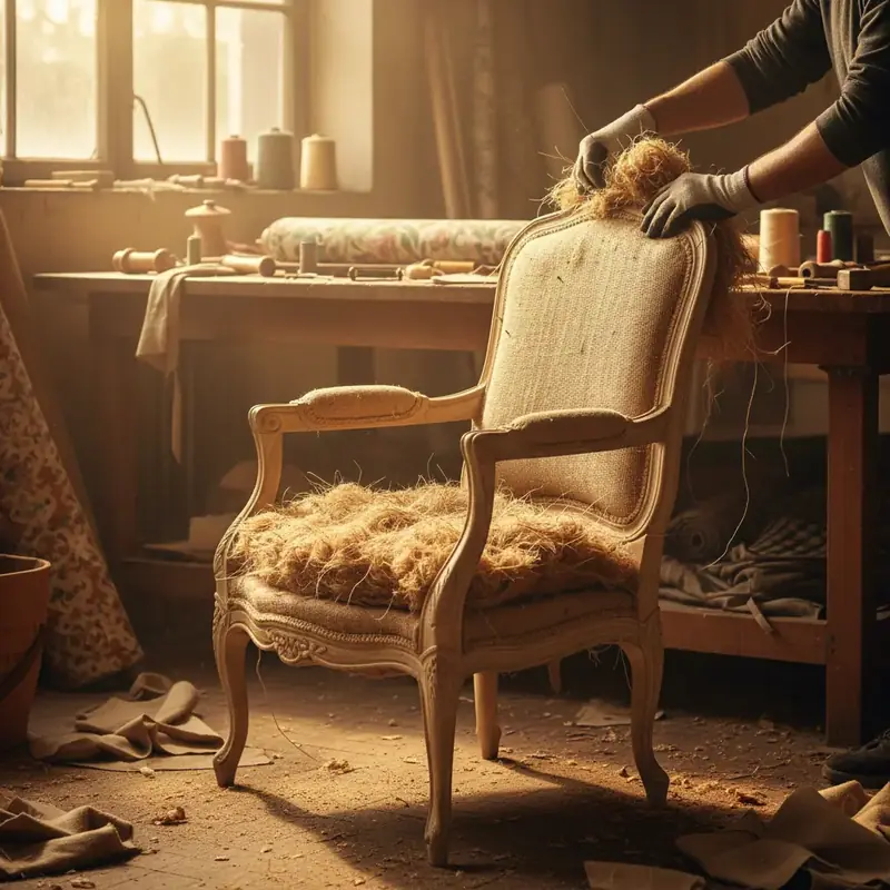 Fauteuil bergère en cours de garnissage avec crin et toile de jute dans un atelier lumineux