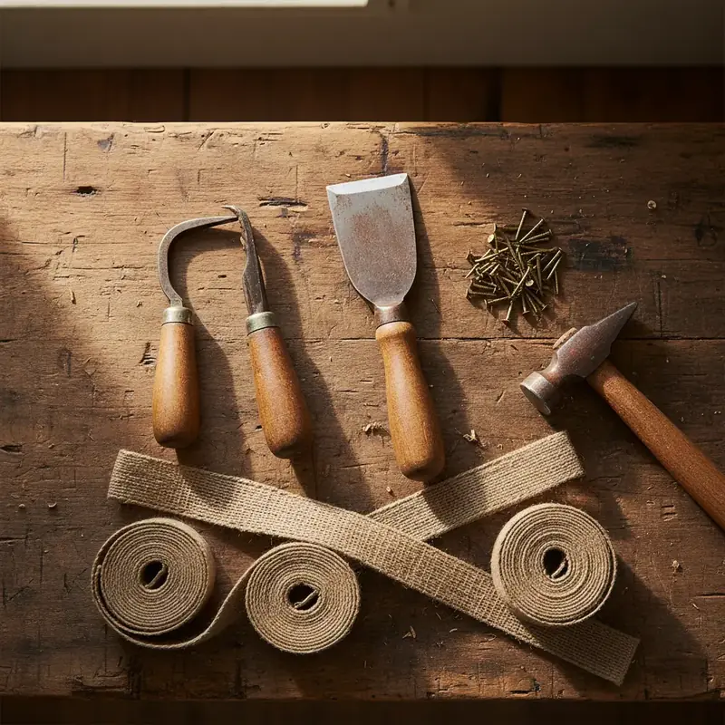 Outils de tapissier disposés sur un établi : ciseau à dégarnir, ramponneau, semences et sangles de jute