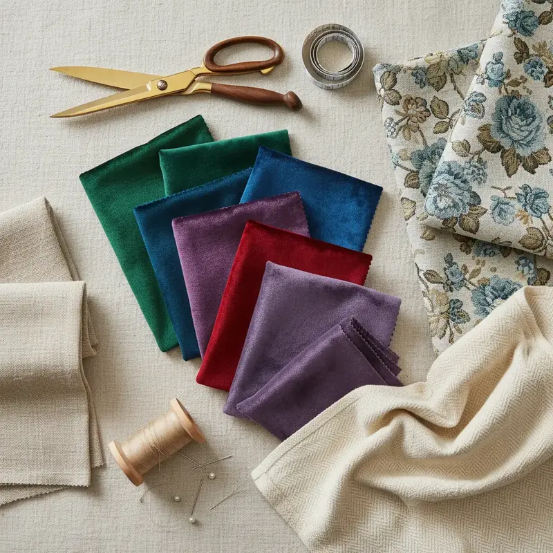 Échantillons de tissus d'ameublement pour fauteuil : velours, lin, jacquard et coton dans des teintes naturelles