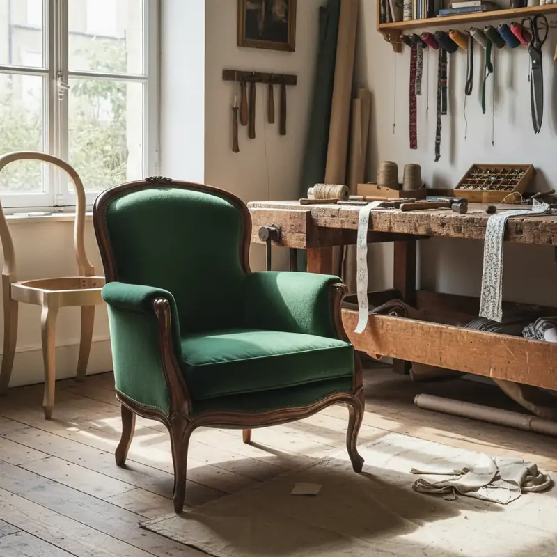 Fauteuil Voltaire en cours de réfection avec tissu velours dans un atelier de tapissier