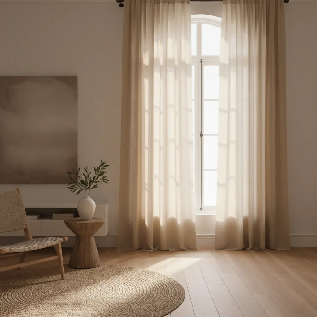Rideau en lin naturel tombant avec élégance devant une fenêtre baignée de lumière