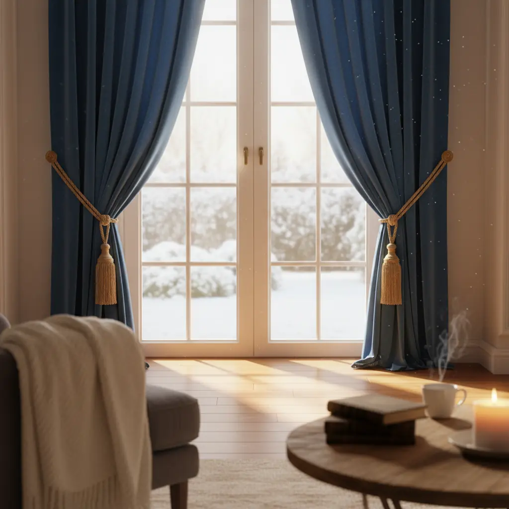 Rideau thermique épais installé devant une fenêtre pour isoler du froid en hiver