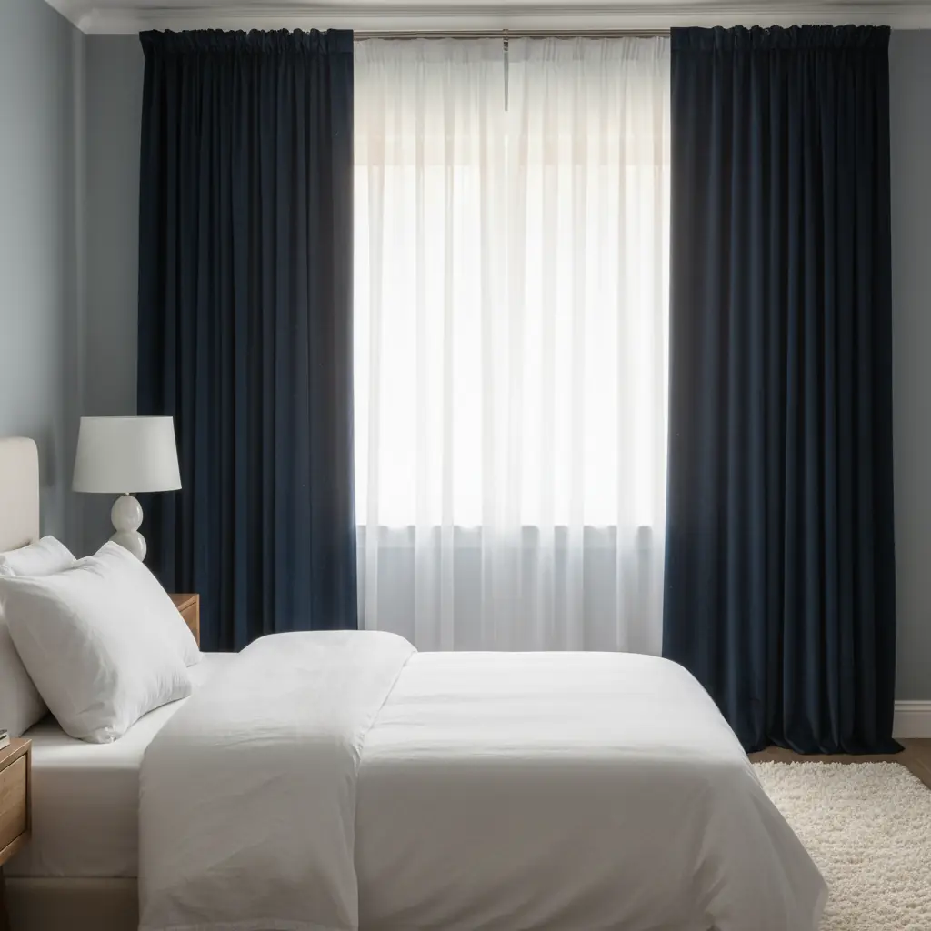 Rideaux en lin naturel mi-ouverts dans une chambre avec lit en bois et linge blanc