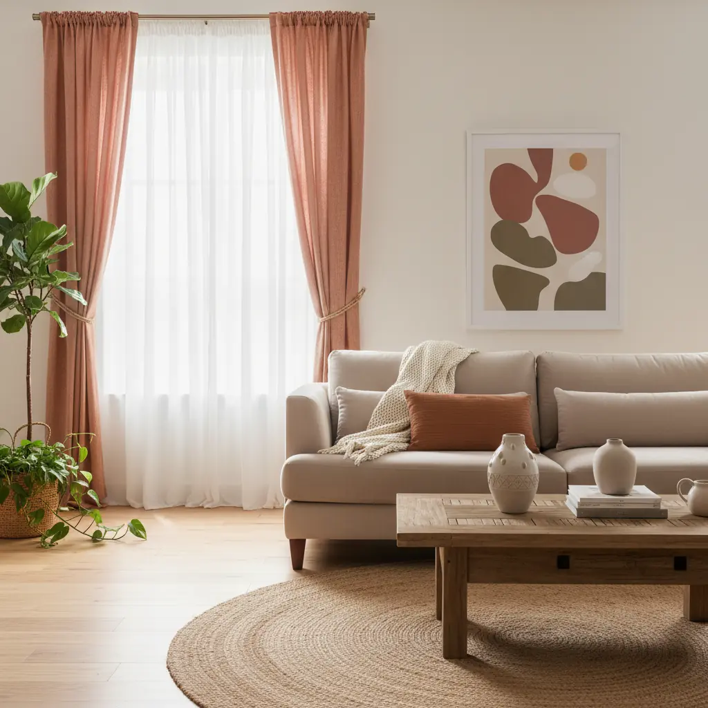 Rideau en lin naturel et voilage blanc dans un salon lumineux avec parquet en chêne