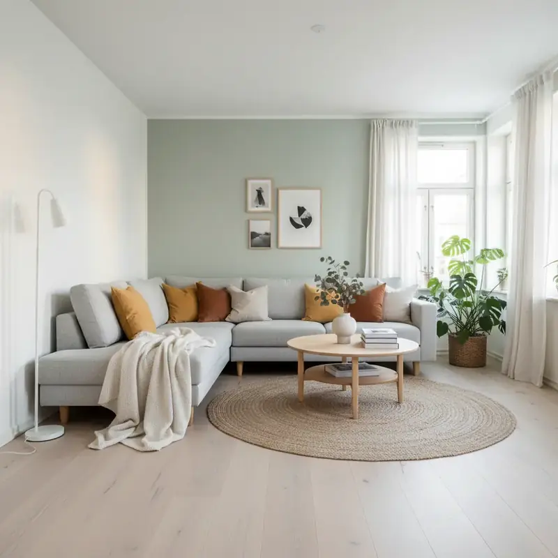 Salon aux couleurs scandinaves avec murs blancs, canapé gris clair et coussins colorés