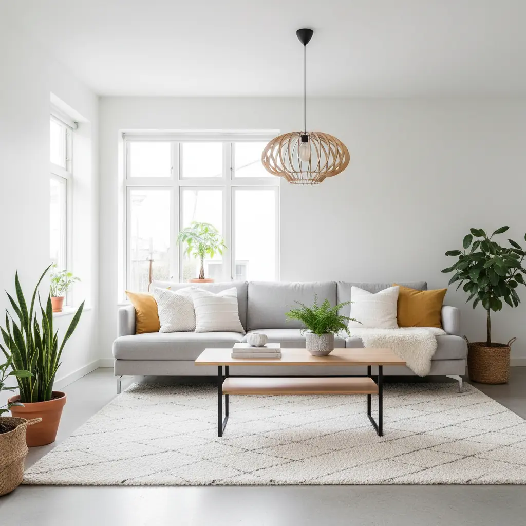 Salon scandinave avec canapé gris clair, tapis en laine, table basse en bois et plantes vertes