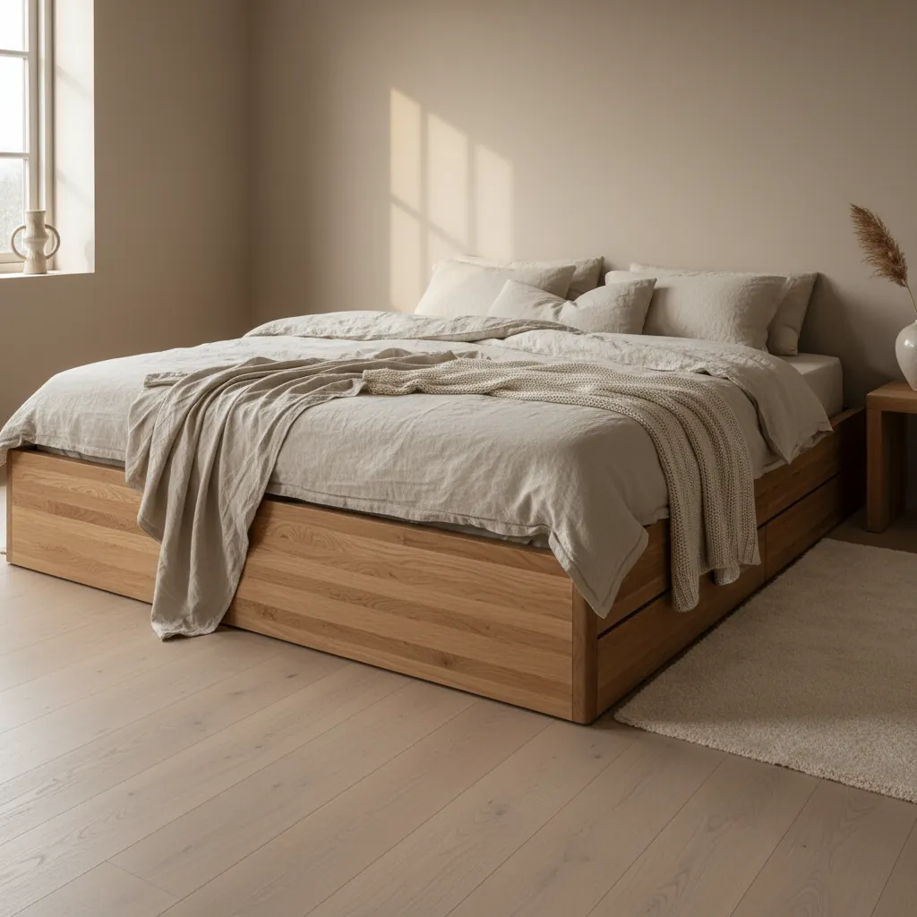 Lit moderne avec sommier plancher en bois massif clair, literie crème dans une chambre lumineuse