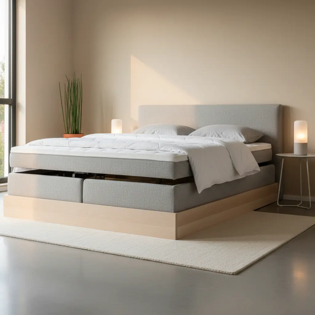 Chambre lumineuse avec sommier tapissier recouvert de tissu gris sous un matelas blanc, linge de lit en lin naturel