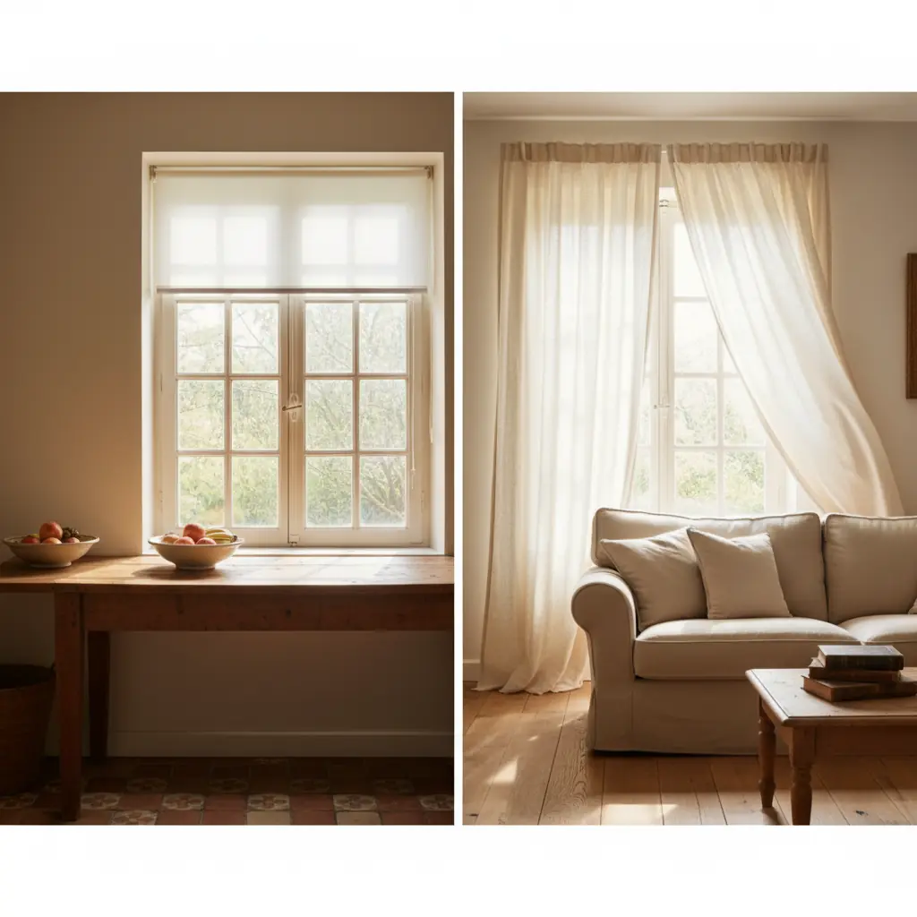 Comparaison entre un store enrouleur blanc et un rideau en lin dans un salon lumineux