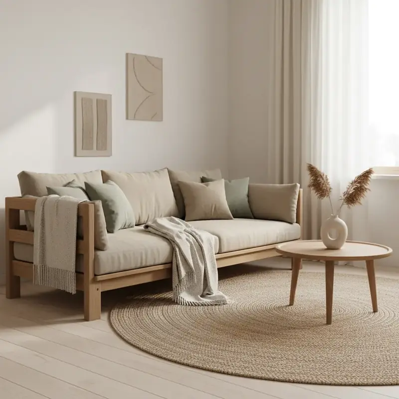 Salon Japandi minimaliste avec canapé bas en bois, coussins en lin et plaid en laine sur fond de mur beige