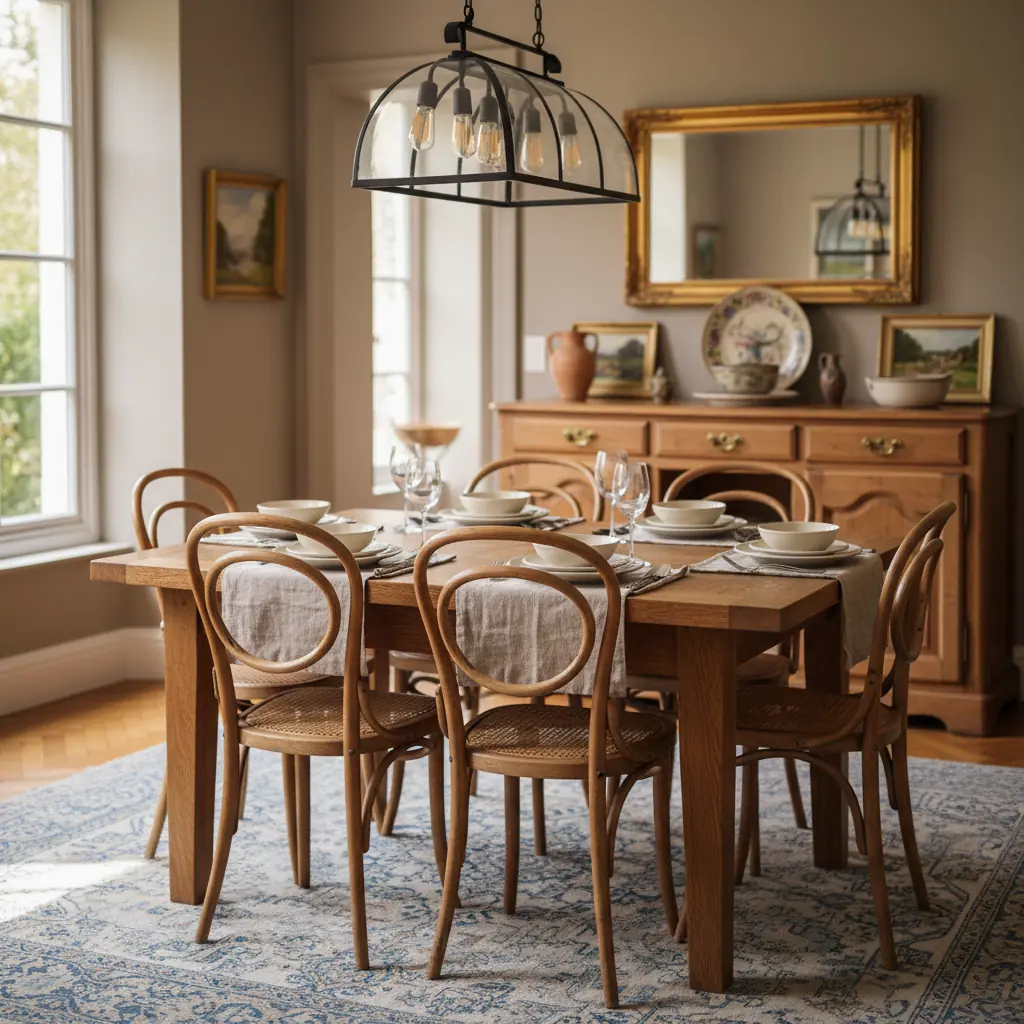 Grande table de salle à manger en bois massif dressée pour un repas convivial