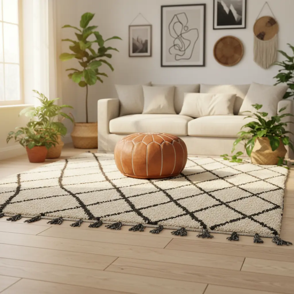 Tapis berbère Beni Ouarain aux motifs losanges crème et noir posé dans un salon lumineux