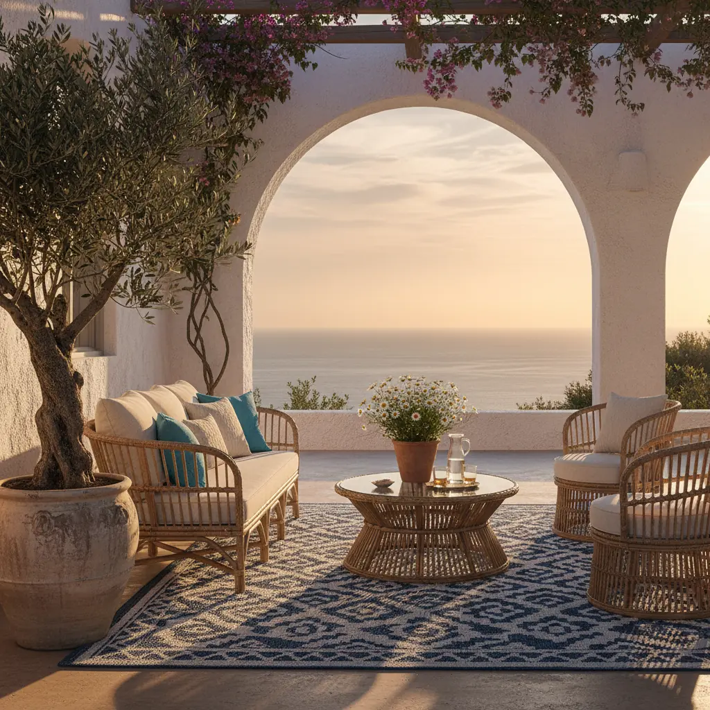 Tapis d'extérieur à motifs graphiques posé sur une terrasse en bois avec mobilier de jardin