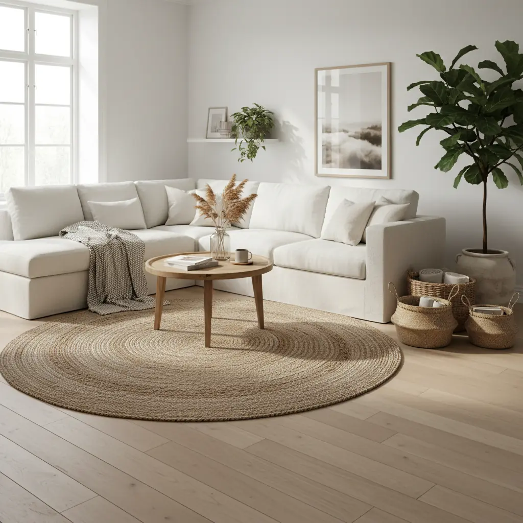 Tapis en jute naturel tressé posé dans un salon lumineux avec canapé en lin et plantes vertes