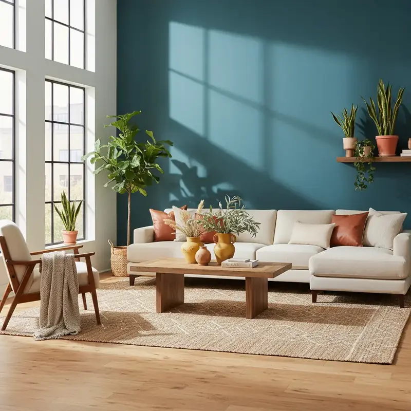 Palette de couleurs tendance 2026 avec Transformative Teal, Cloud Dancer et tons terreux dans un salon élégant