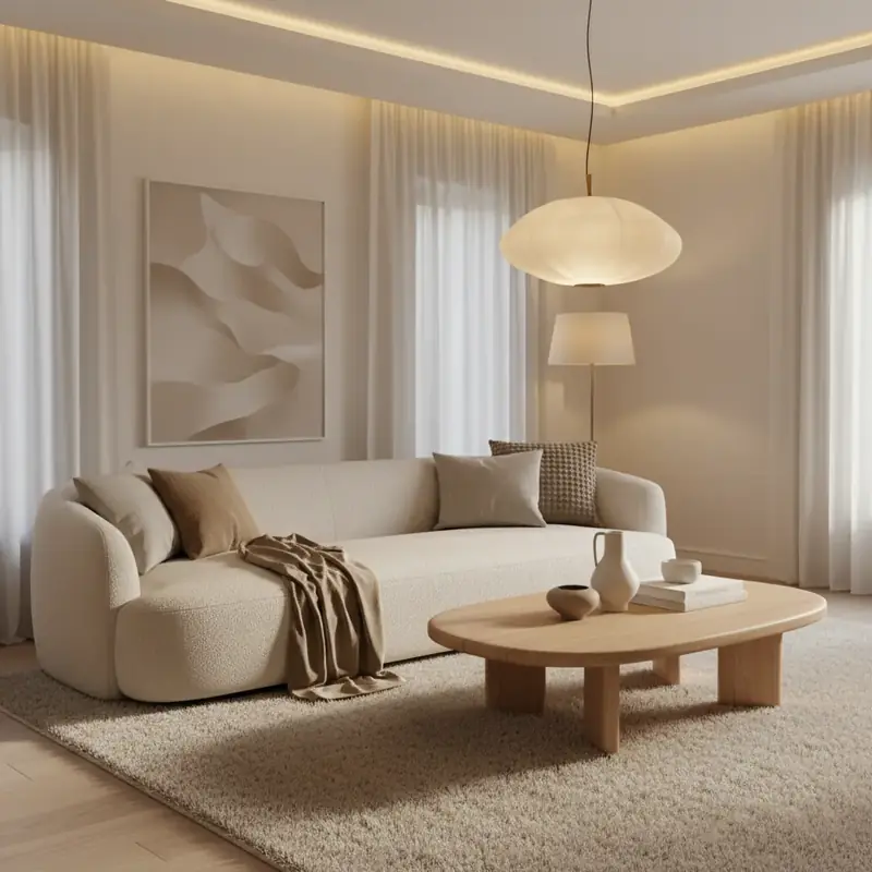 Salon minimaliste chaleureux avec canapé aux formes organiques, luminaire sculptural et textures douces