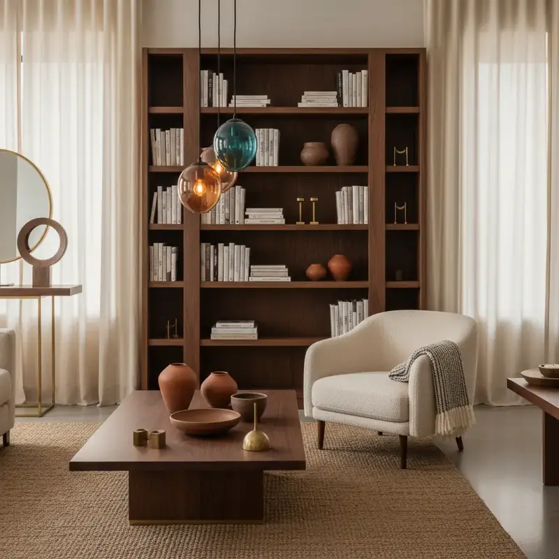 Intérieur avec bois foncé, céramique artisanale et verre soufflé dans un style contemporain