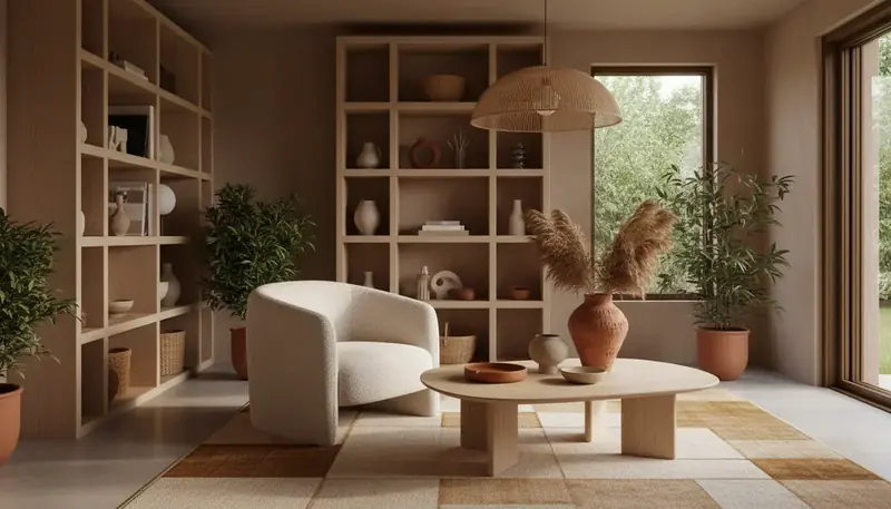 Intérieur tendance 2026 avec matières naturelles et teintes profondes