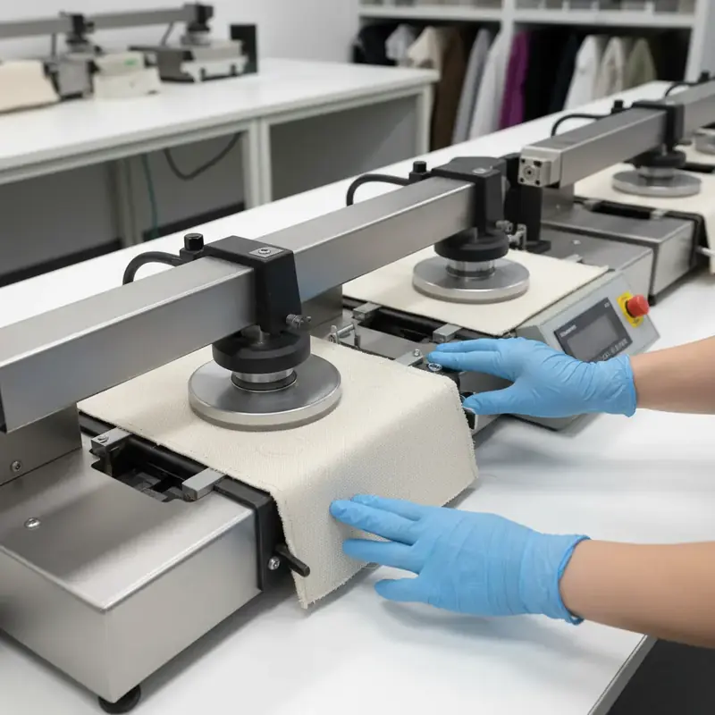 Test de Martindale en laboratoire textile : machine d'abrasion testant la résistance d'un tissu d'ameublement