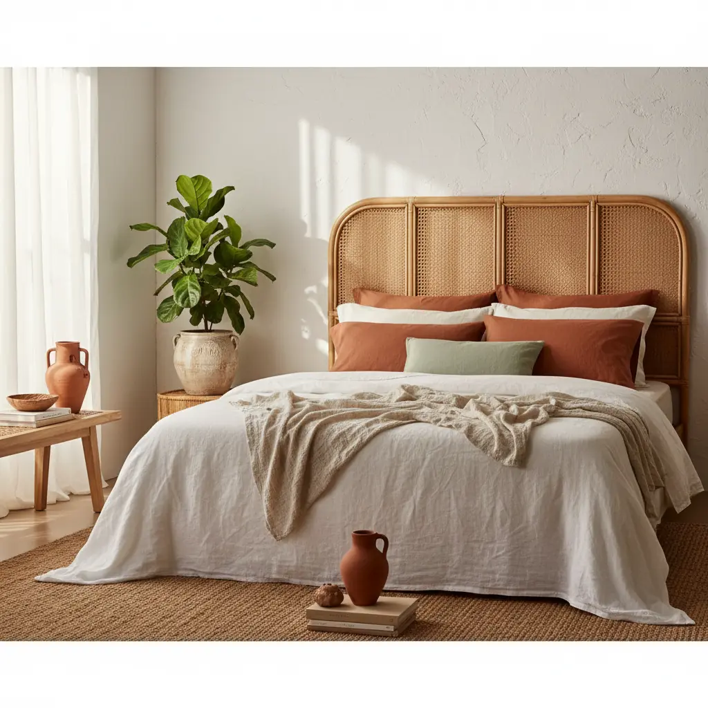 Tête de lit en cannage naturel dans une chambre bohème avec linge de lit en lin