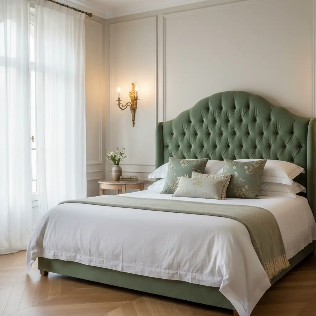 Chambre élégante avec une tête de lit capitonnée en velours vert sauge, encadrée de deux appliques murales dorées